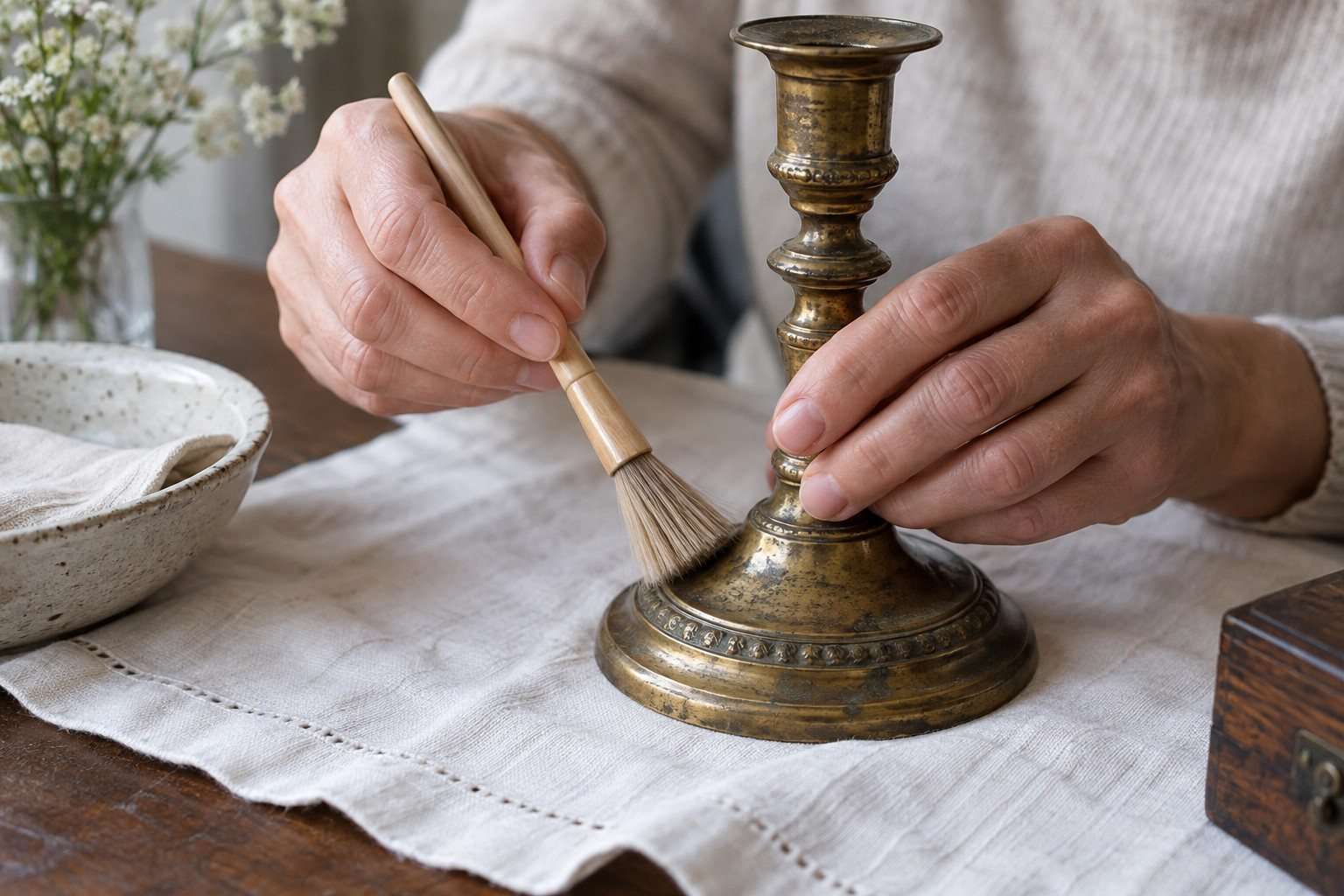 Retirada del polvo de un candelero de latón con una brocha suave